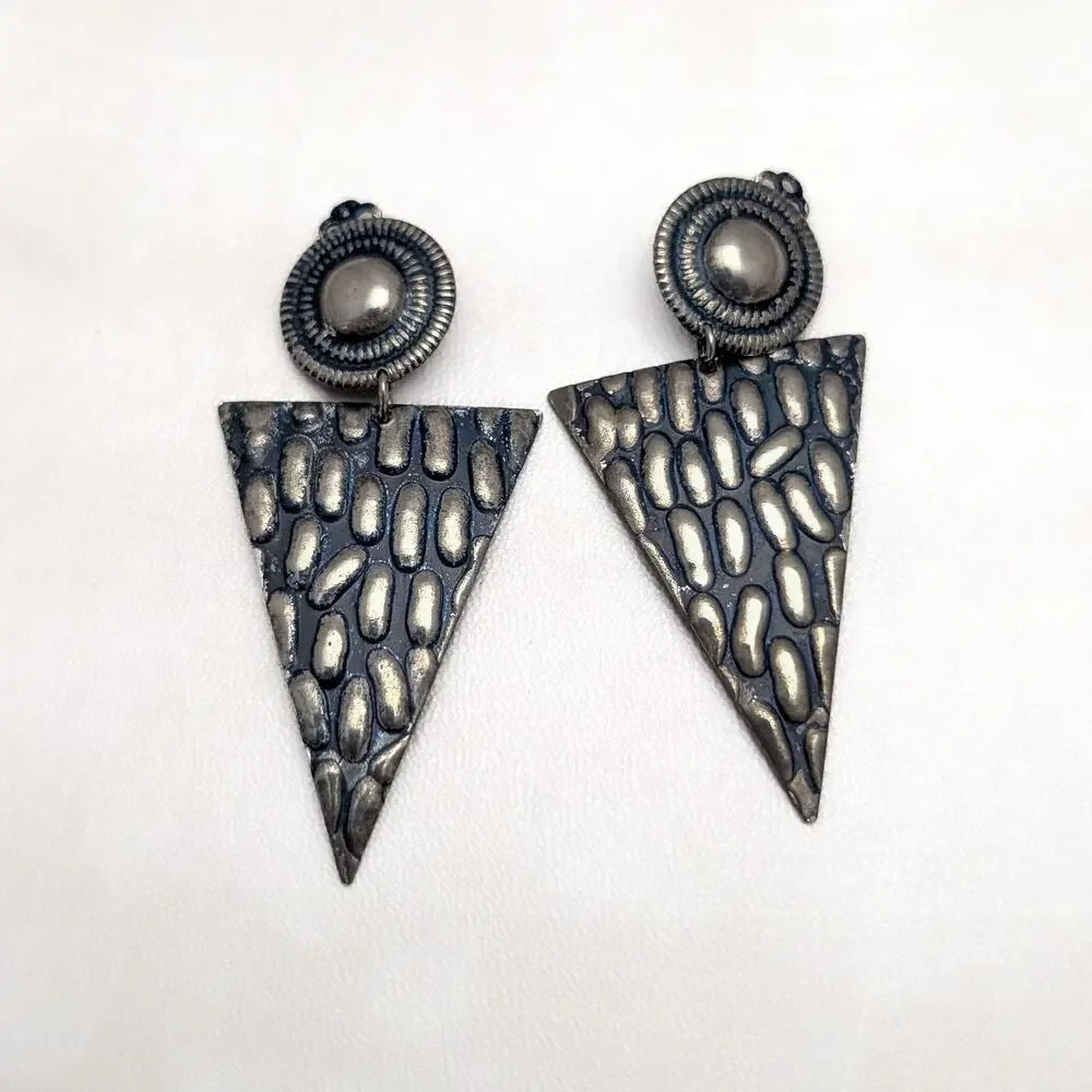 Vintage Clip On Earrings Long Triangle Shape Statement Dangle Dark Metal